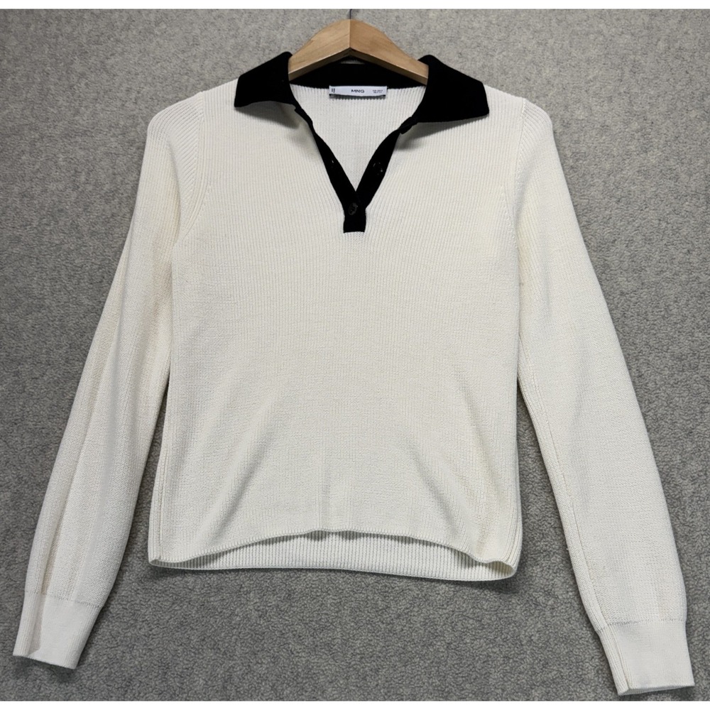 MNG Womens Polo Jumper White Long Sleeve Collared Regular Fit Pullover Knit S